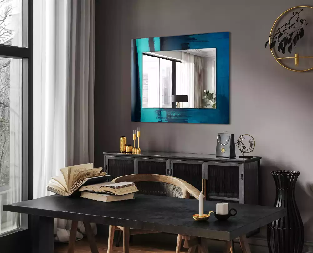Oglindă dreptunghiulară decorativă cu design abstract albastru