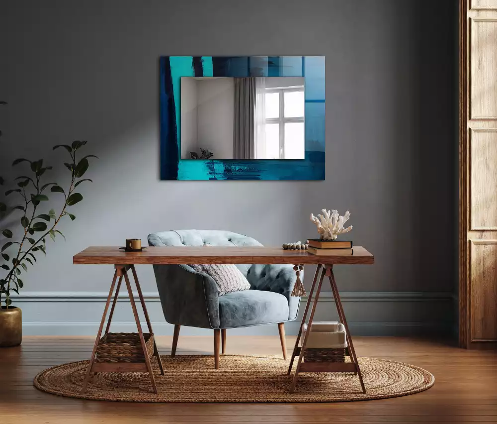Oglindă dreptunghiulară decorativă cu design abstract albastru