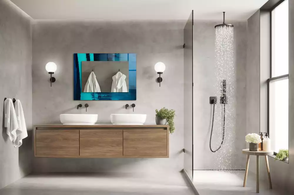 Oglindă dreptunghiulară decorativă cu design abstract albastru