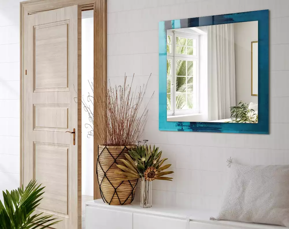 Oglindă dreptunghiulară decorativă cu design abstract albastru
