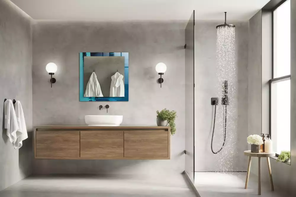 Oglindă dreptunghiulară decorativă cu design abstract albastru