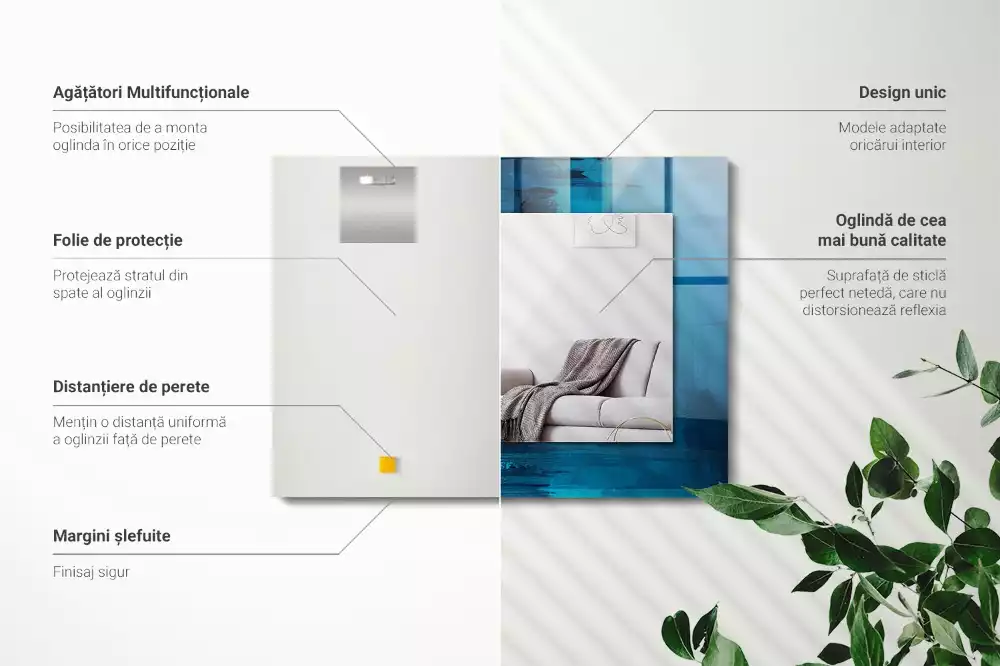 Oglindă dreptunghiulară decorativă cu design abstract albastru