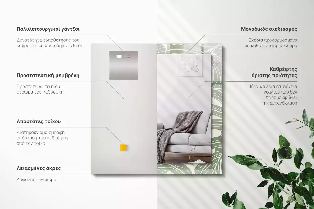 Oglindă dreptunghiulară cu ramă imprimată cu frunze de monstera