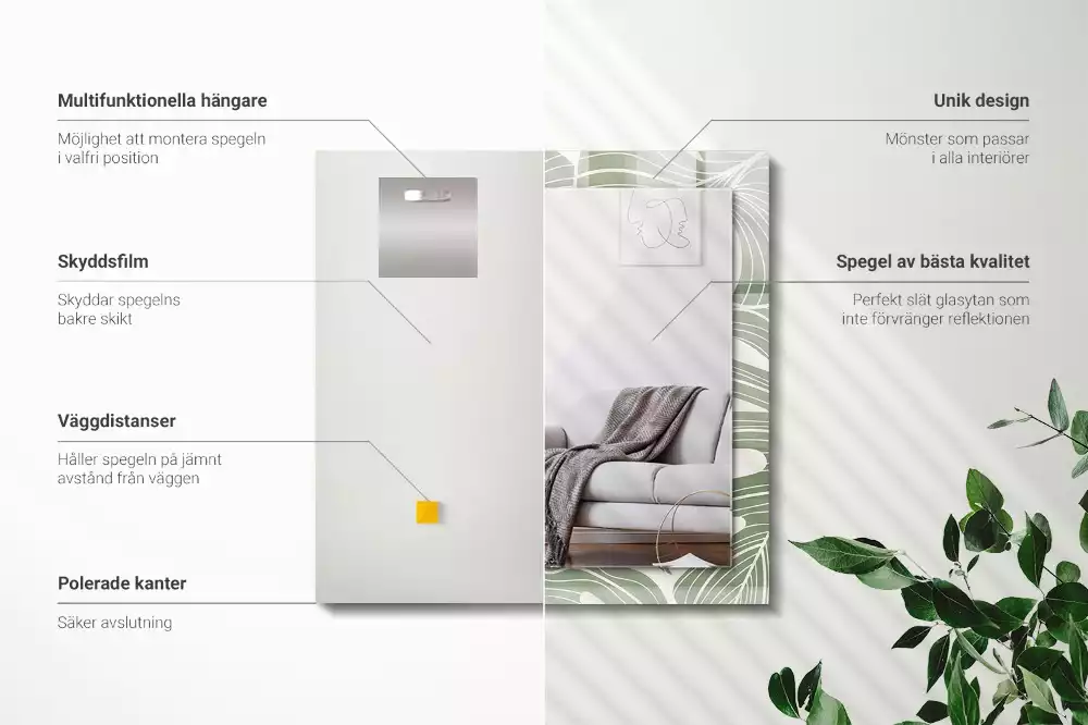 Oglindă dreptunghiulară cu ramă imprimată cu frunze de monstera