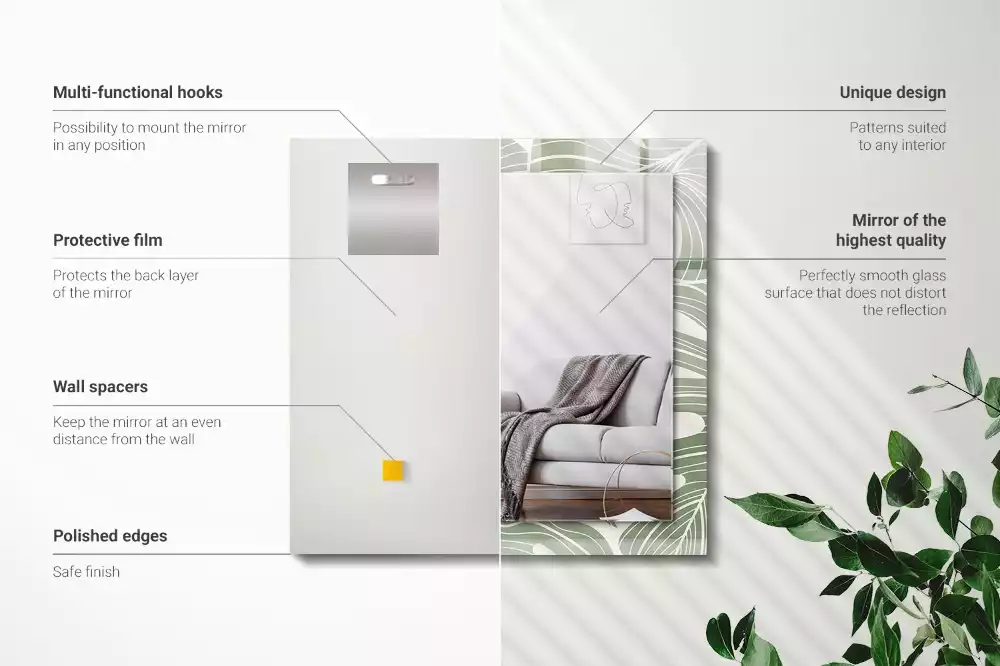 Oglindă dreptunghiulară cu ramă imprimată cu frunze de monstera