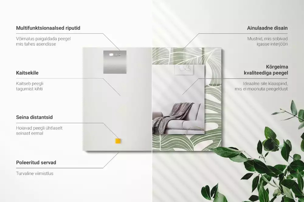 Oglindă dreptunghiulară cu ramă imprimată cu frunze de monstera