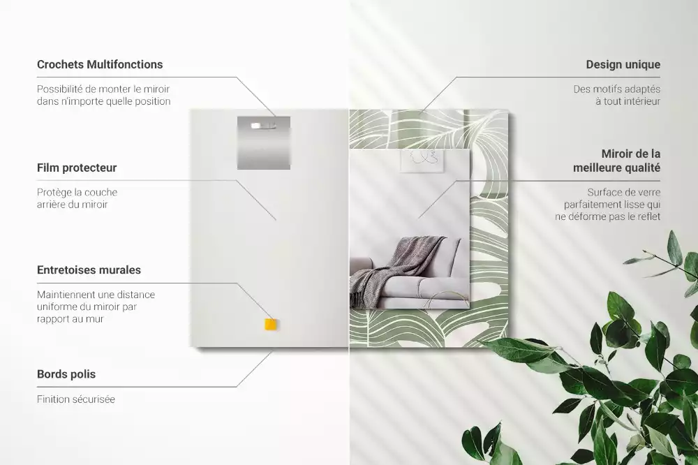 Oglindă dreptunghiulară cu ramă imprimată cu frunze de monstera