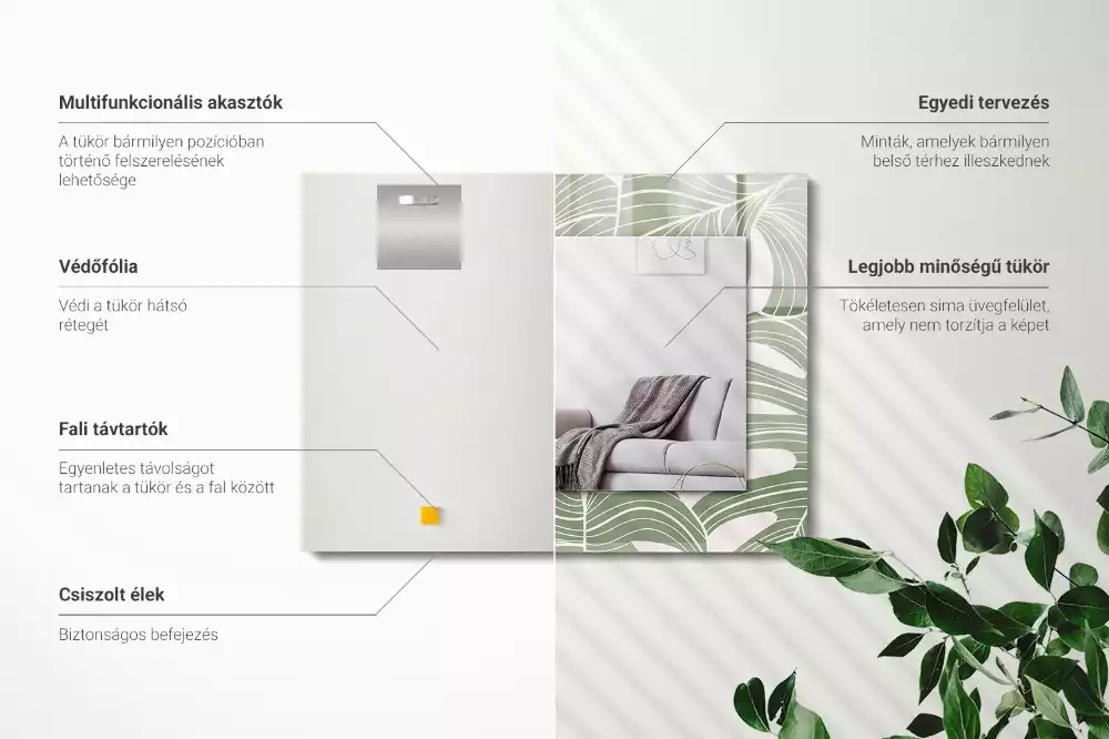 Oglindă dreptunghiulară cu ramă imprimată cu frunze de monstera