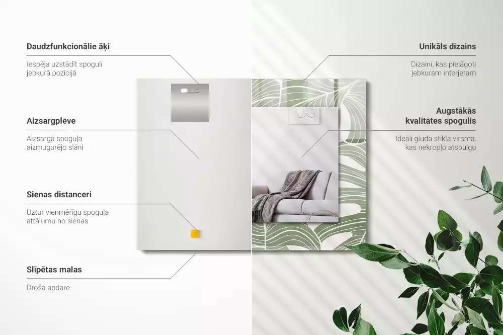 Oglindă dreptunghiulară cu ramă imprimată cu frunze de monstera