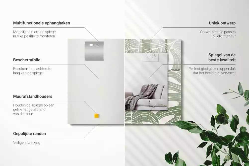 Oglindă dreptunghiulară cu ramă imprimată cu frunze de monstera