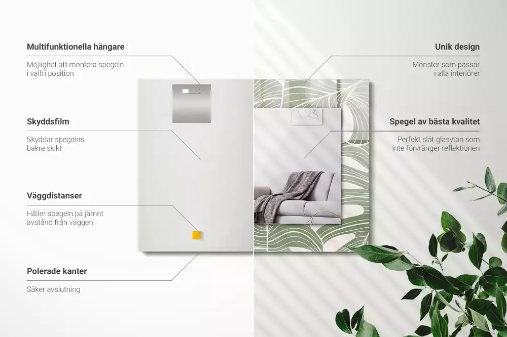 Oglindă dreptunghiulară cu ramă imprimată cu frunze de monstera