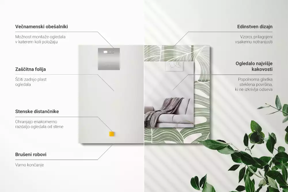 Oglindă dreptunghiulară cu ramă imprimată cu frunze de monstera