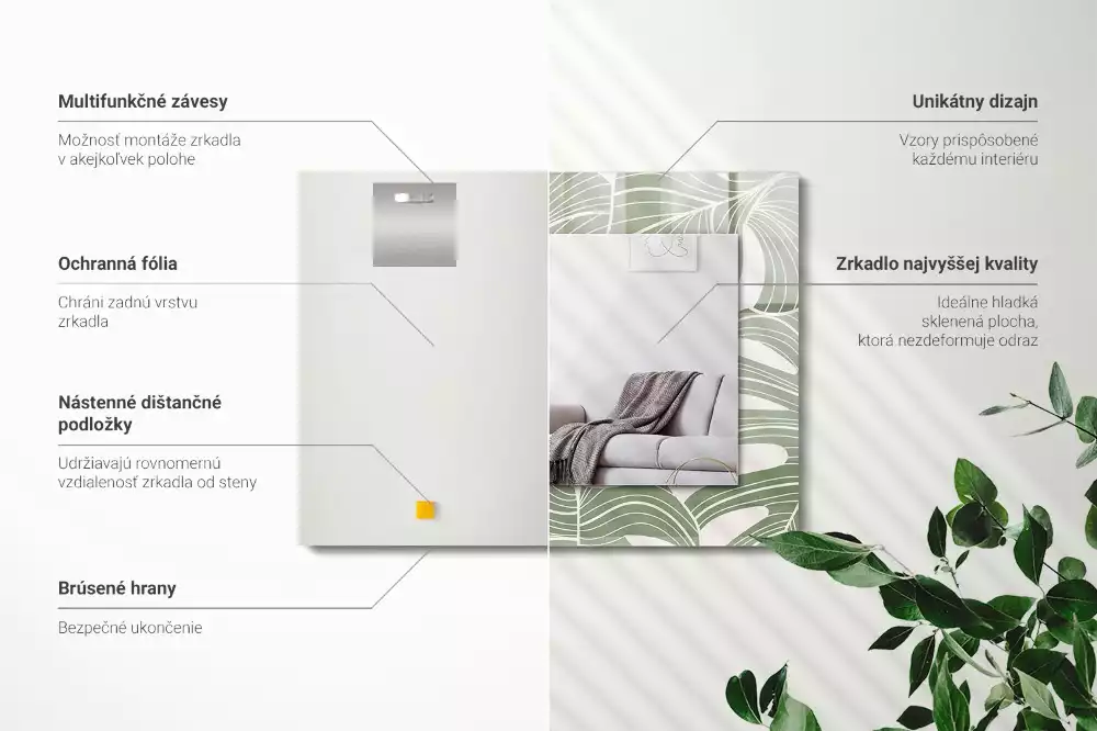 Oglindă dreptunghiulară cu ramă imprimată cu frunze de monstera