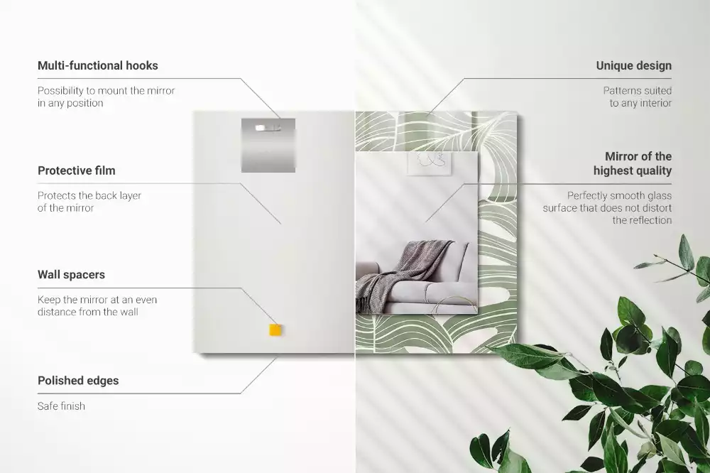 Oglindă dreptunghiulară cu ramă imprimată cu frunze de monstera