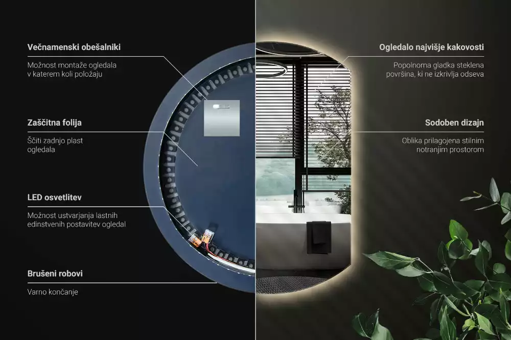 Oglindă rotundă cu iluminare LED și margini tăiate