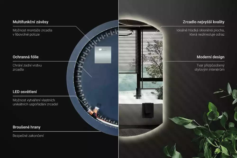 Oglindă rotundă cu iluminare LED și margini tăiate