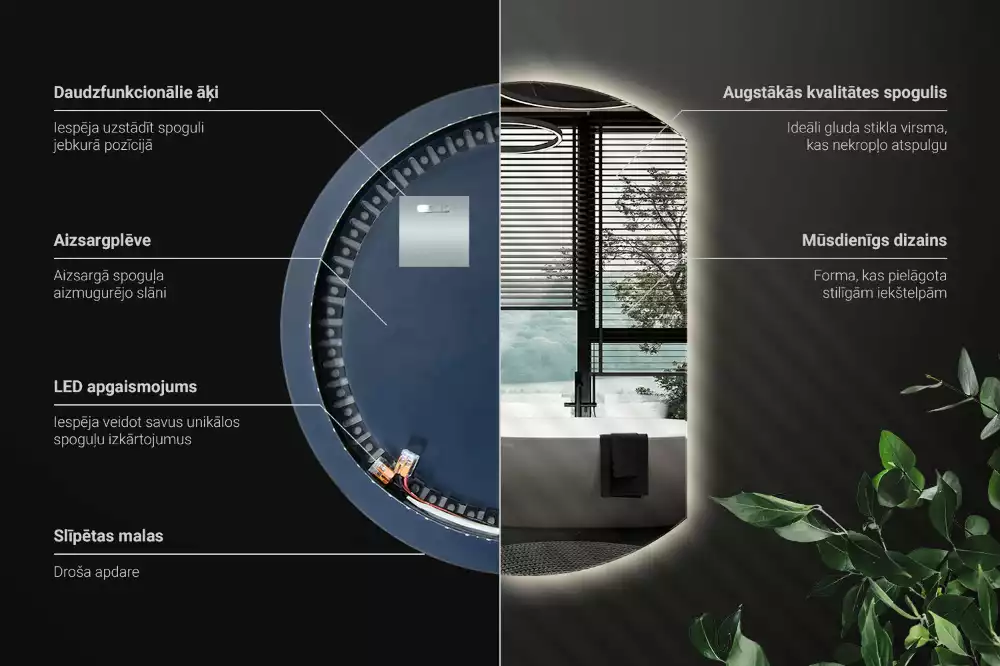 Oglindă rotundă cu iluminare LED și margini tăiate