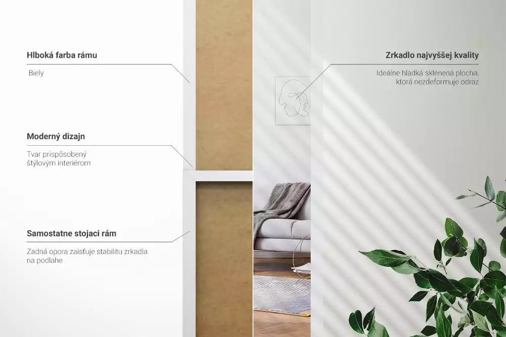 Oglindă de podea cu ramă albă minimalistă