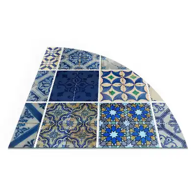 Placă de sticlă securizată pentru protecția pardoselii sub sobă, formă sfert de cerc cu model de plăci ceramice