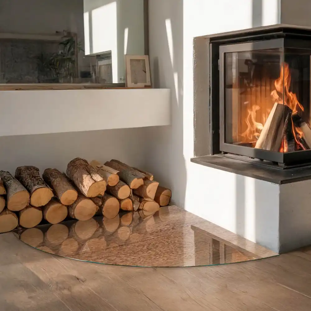 Protecție sub sobă sfert de cerc cu aspect de lemn natural