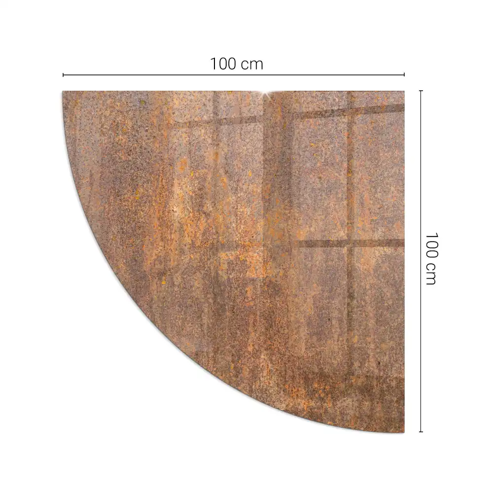 Placă de sticlă pentru șemineu sfert de cerc cu textură de rugină pe metal