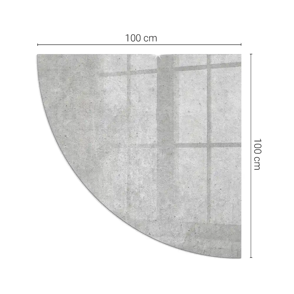 Placă de protecție din sticlă securizată sub sobă în formă de sfert de cerc cu textură de beton brut