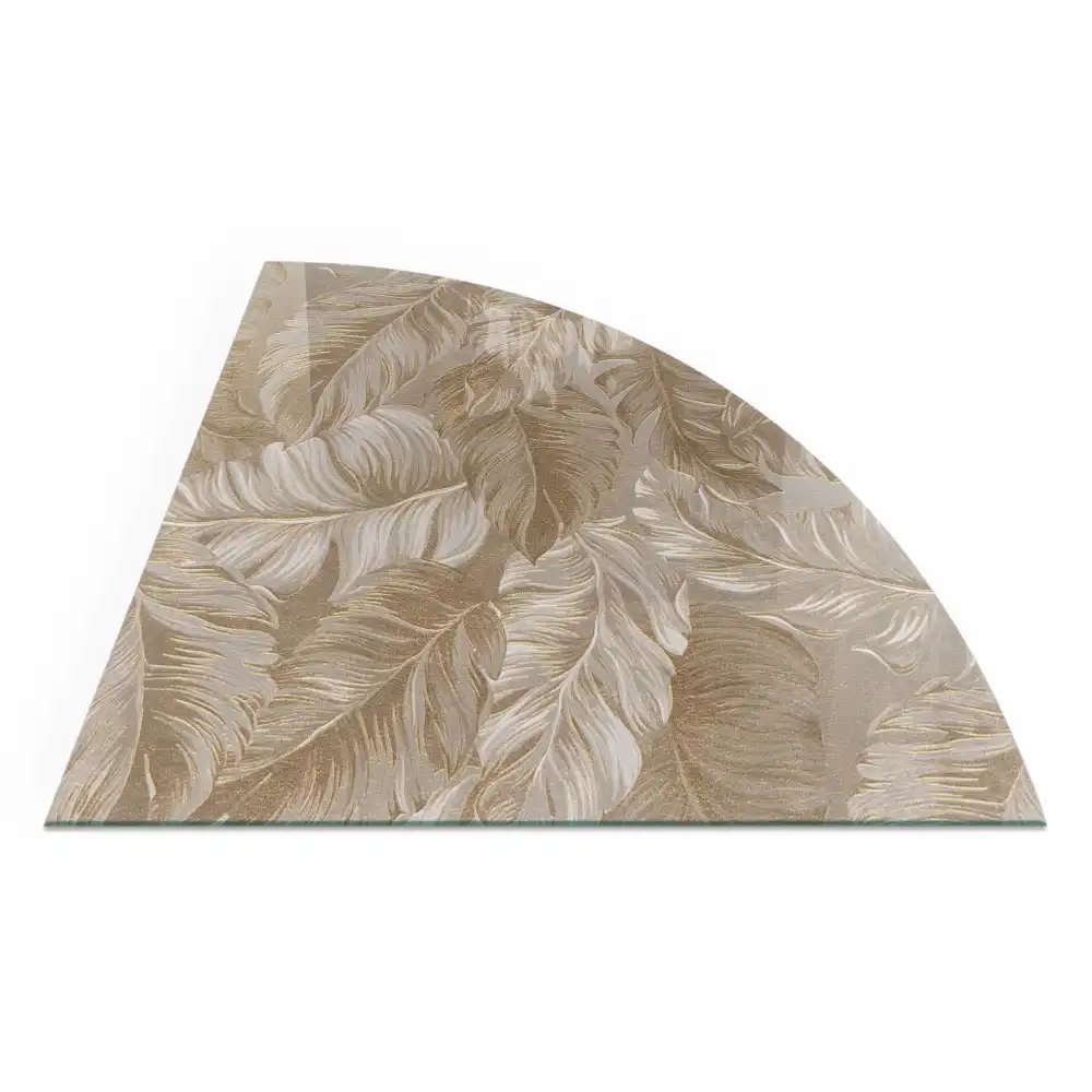 Placă de protecție din sticlă securizată sub sobă formă sfert de cerc cu model floral discret