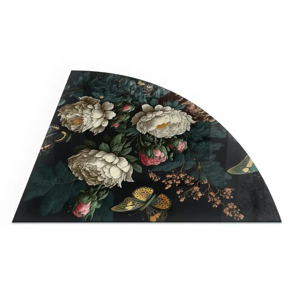 Placă de protecție din sticlă securizată sub sobă sfert de cerc cu model floral și fluturi