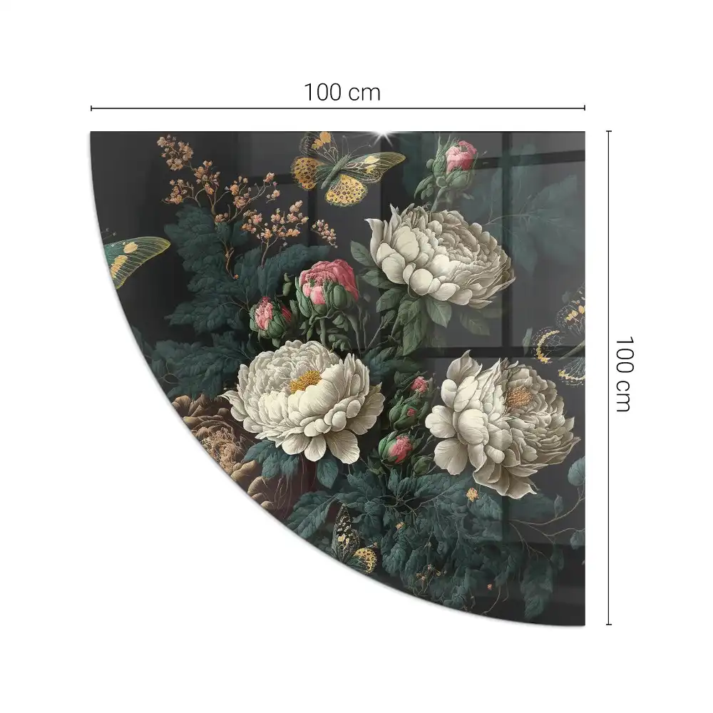 Placă de protecție din sticlă securizată sub sobă sfert de cerc cu model floral și fluturi