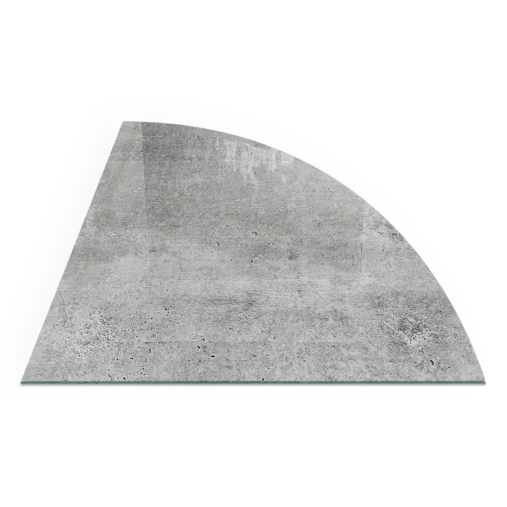 Placă din sticlă securizată pentru protecția pardoselii sub sobă, formă sfert de cerc, aspect beton brut