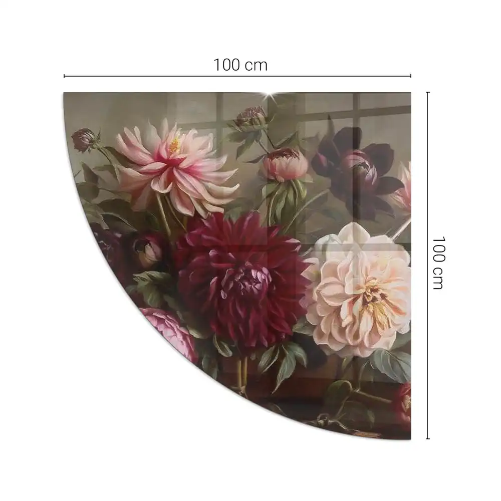 Placă de sticlă pentru șemineu sfert de cerc cu detaliu buchet de flori
