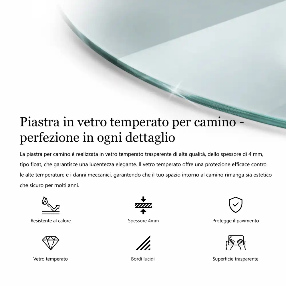 Placă de sticlă transparentă sfert de cerc pentru șemineu