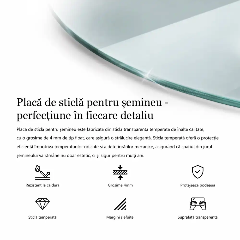 Placă de sticlă transparentă sfert de cerc pentru șemineu