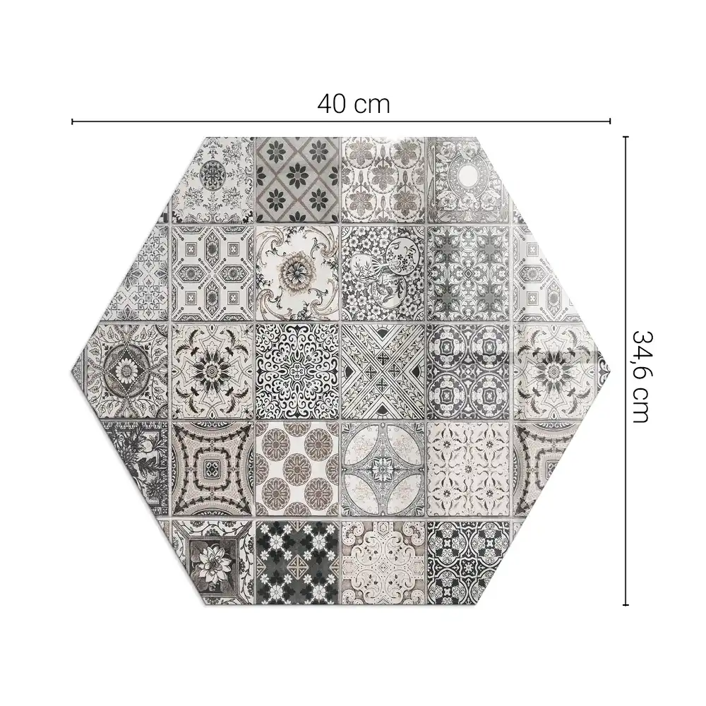 Placă de protecție hexagonală sub sobă cu model decorativ de plăci ceramice