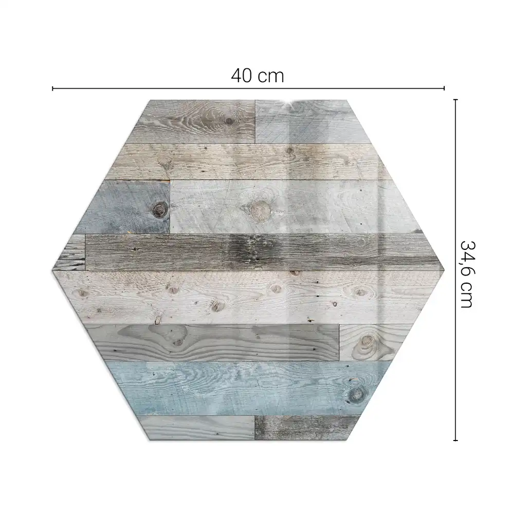 Placă de protecție hexagonală sub sobă cu model de scânduri în nuanțe variate