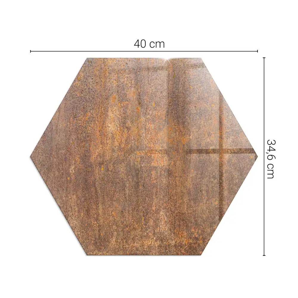 Placă de protecție pentru sobă cu formă hexagonală și textură de metal ruginit