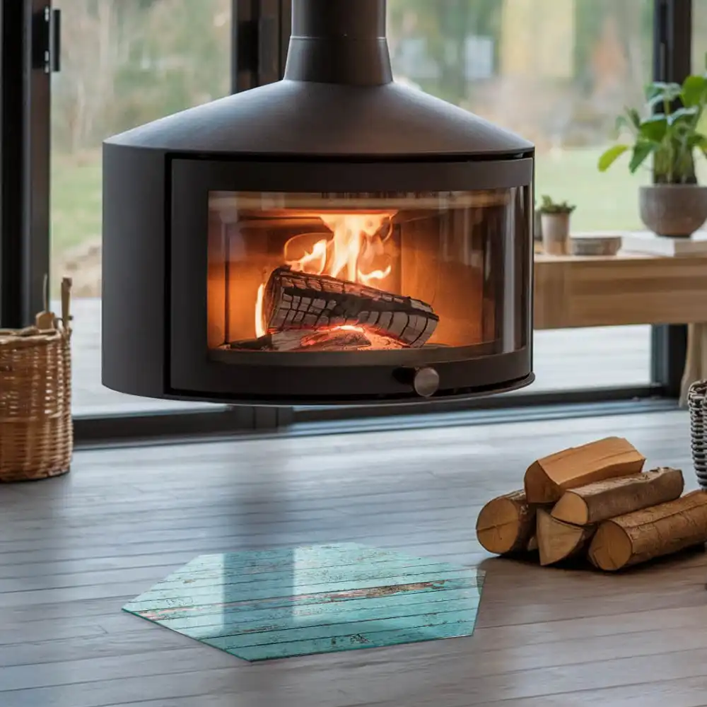 Placă de protecție hexagonală pentru șemineu cu design de scânduri rustice