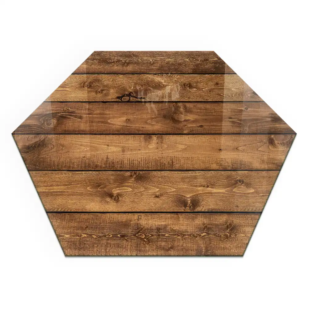Placă de protecție hexagonală pentru sobă cu model de scândură de lemn cu inele