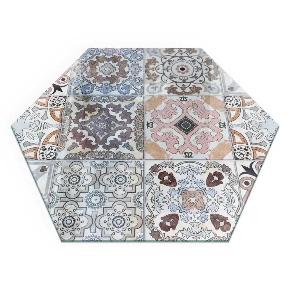 Placă de protecție pentru șemineu cu formă hexagonală și model mozaic
