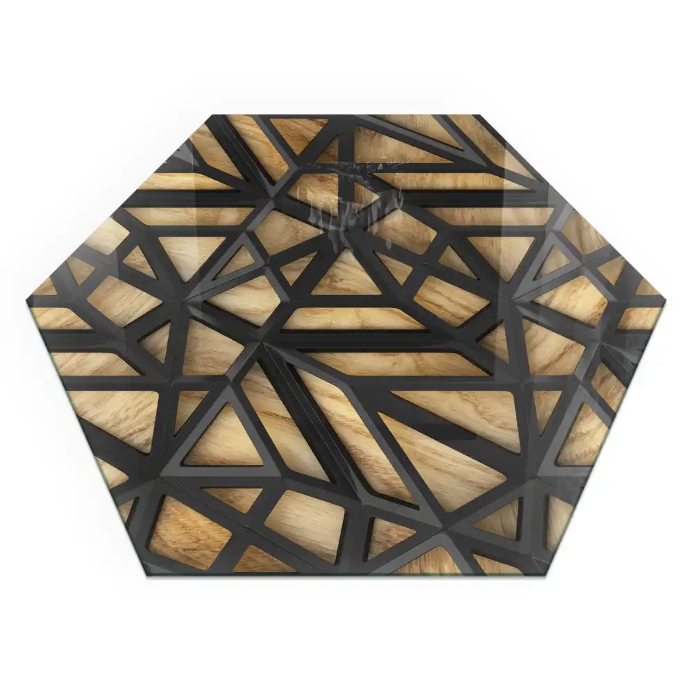 Placă hexagonală de protecție pentru șemineu cu model geometric din lemn