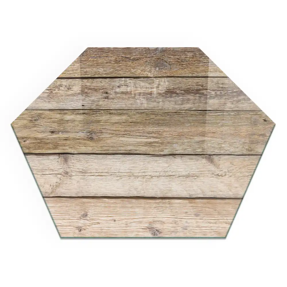 Placă hexagonală de protecție sub șemineu cu model de scânduri din lemn natural