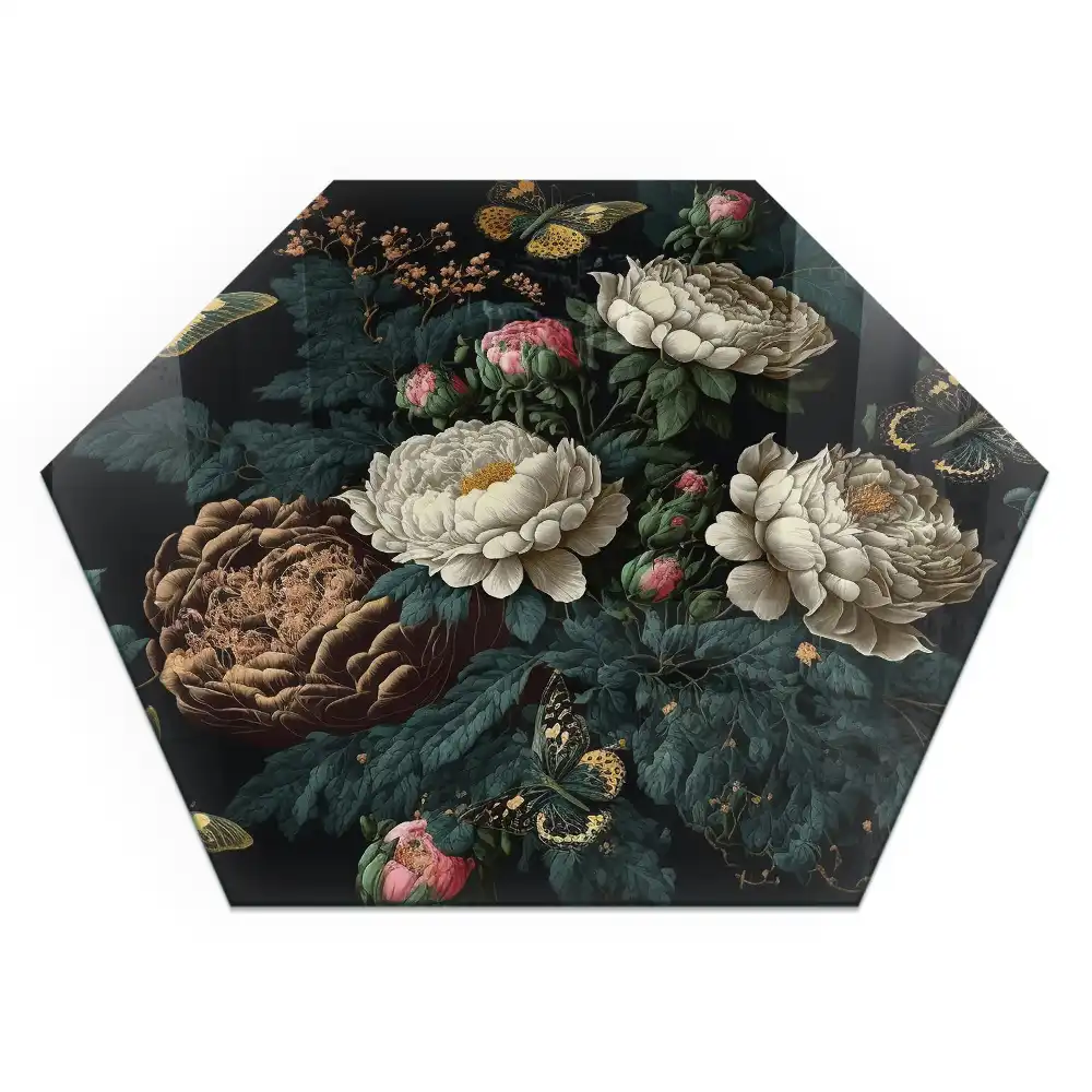 Protecție hexagonală pentru sobă cu model floral și fluturi