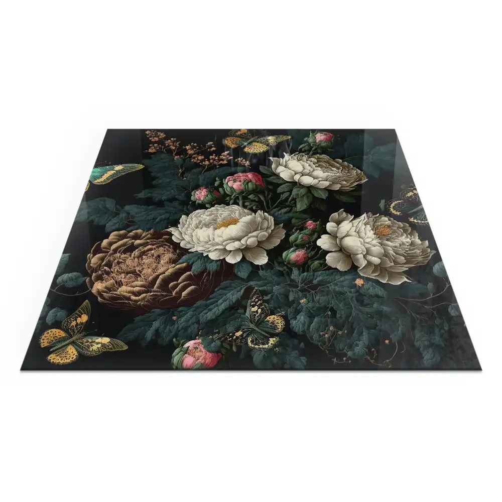 Sticlă pătrată pentru șemineu cu model floral și fluturi