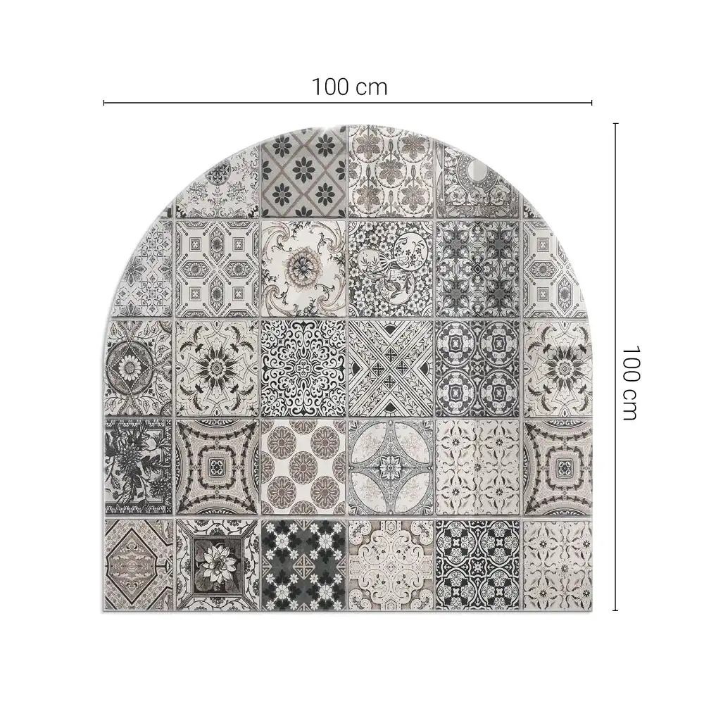 Placă de protecție din sticlă securizată sub sobă, formă semiovală, cu model decorativ