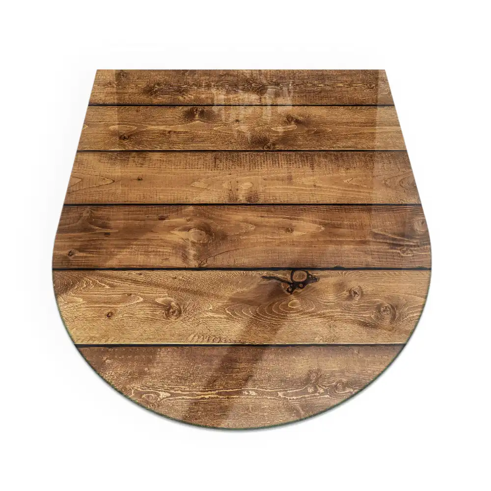 Placă de protecție din sticlă securizată sub sobă, model semioval cu aspect de scânduri de lemn cu inele