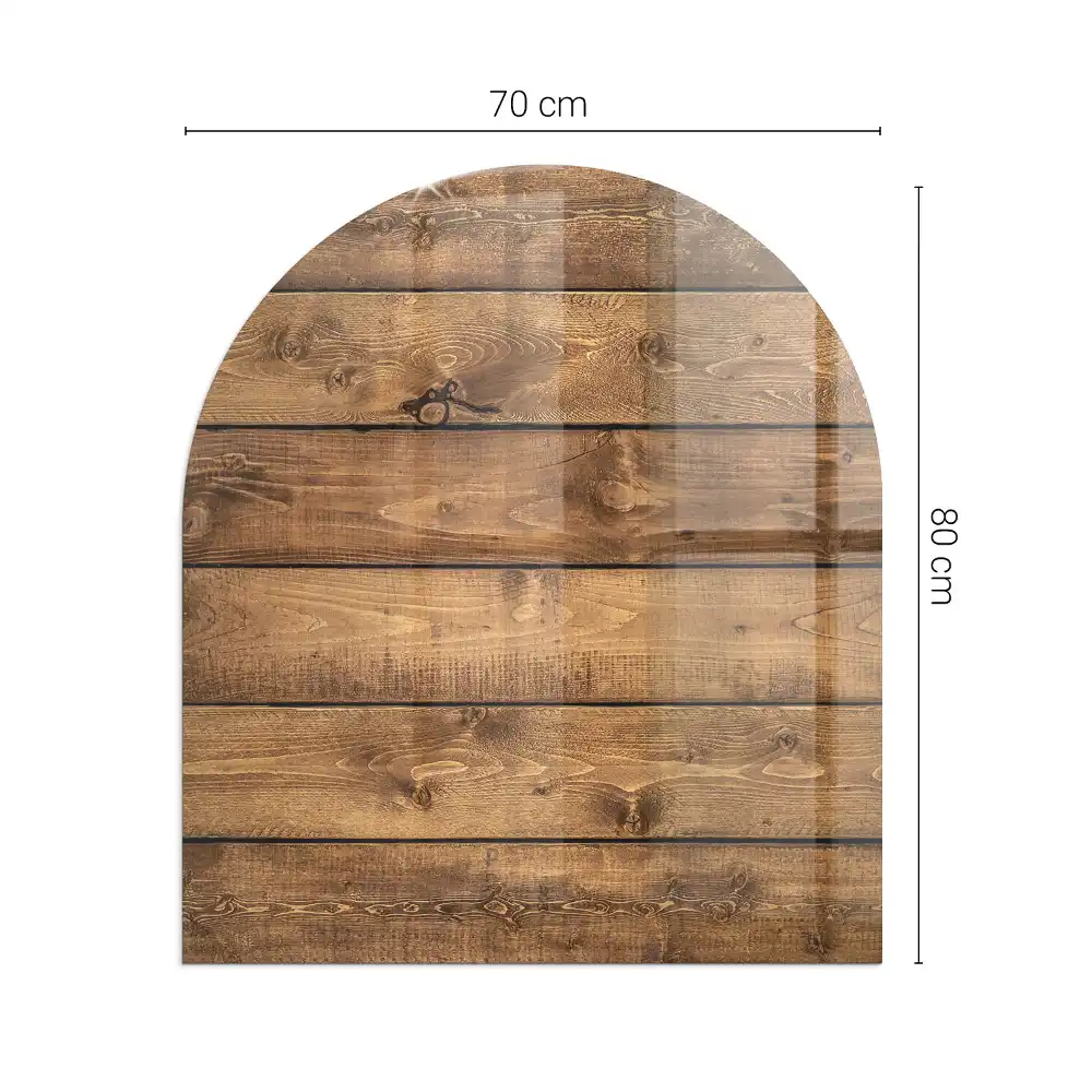 Placă de protecție din sticlă securizată sub sobă, model semioval cu aspect de scânduri de lemn cu inele