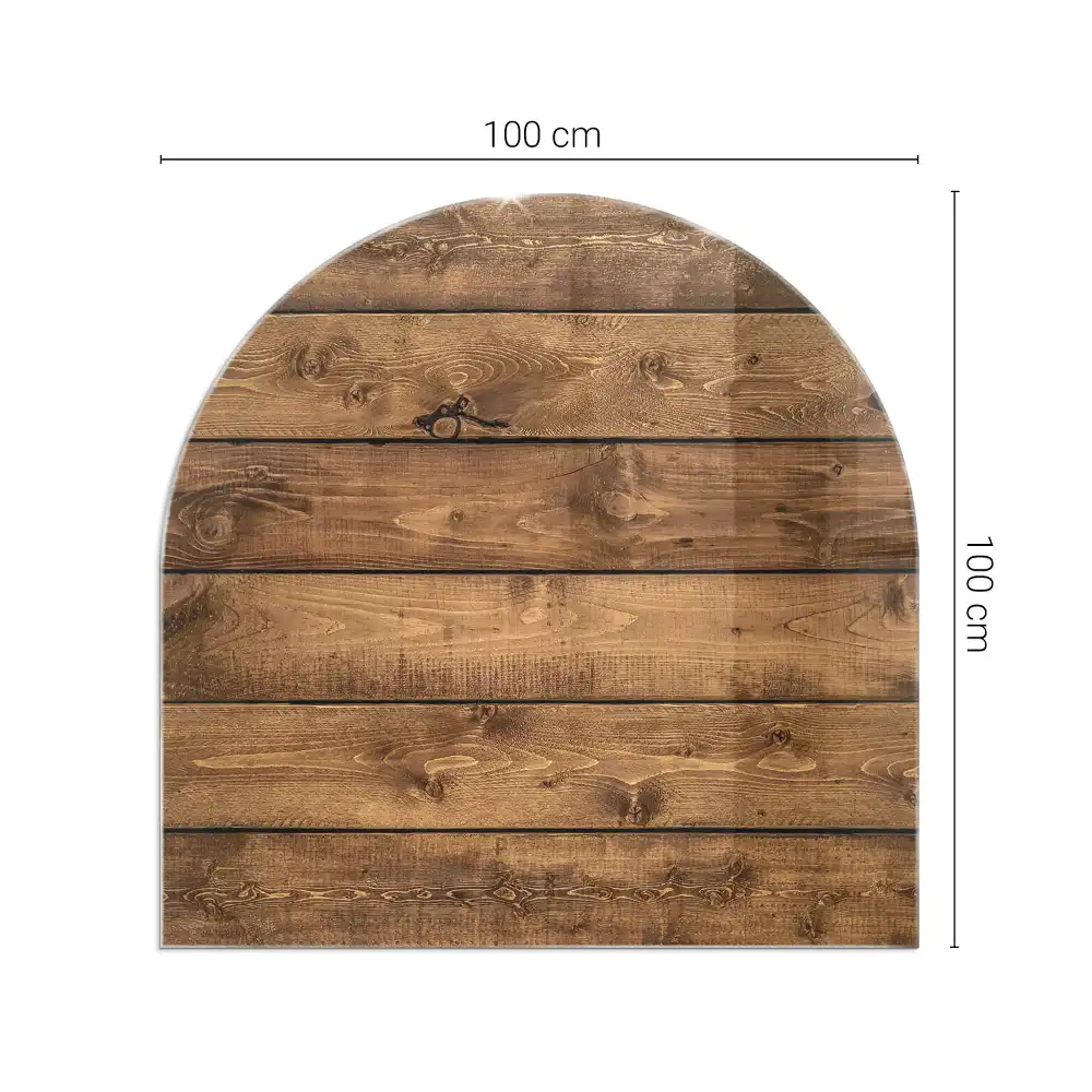 Placă de protecție din sticlă securizată sub sobă, model semioval cu aspect de scânduri de lemn cu inele