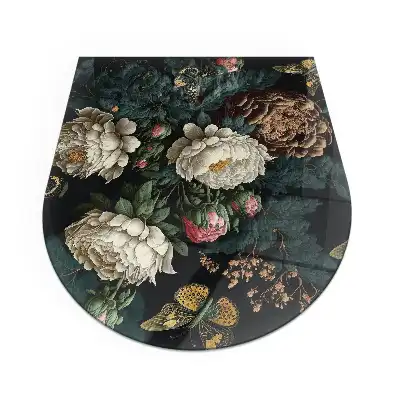 Placă de sticlă semiovală pentru șemineu cu model floral și fluturi