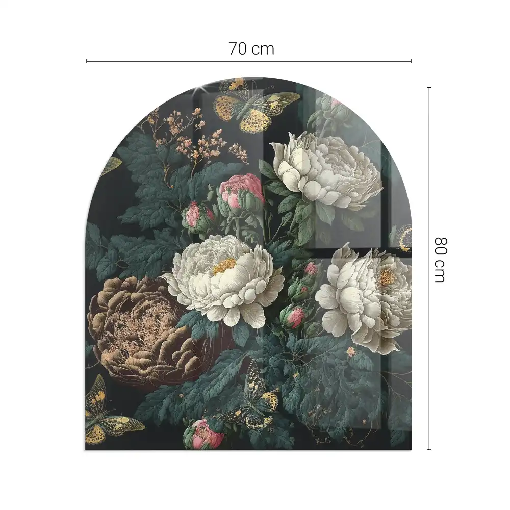 Placă de sticlă semiovală pentru șemineu cu model floral și fluturi
