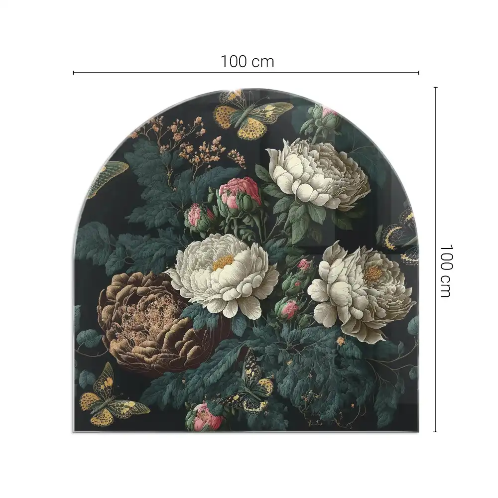 Placă de sticlă semiovală pentru șemineu cu model floral și fluturi